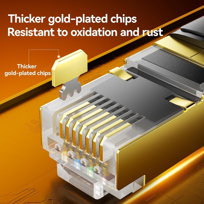 DiamondTiger كابل إيثرنت Cat 8، سرعة عالية 40Gbps 2000Mhz، كابل شبكة RJ45 محمي للاستخدام الداخلي، كابلات LAN ثقيلة مناسبة لألعاب الكمبيوتر PS5 Xbox مودم راوتر (50FT/15M) - Image 4